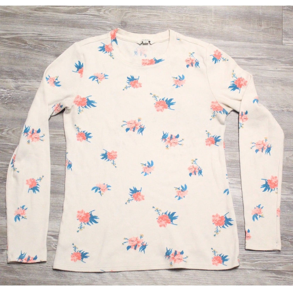 Lucky Brand Womens Small Cream Floral Waffle Knit Thermal Long Sleeve Top